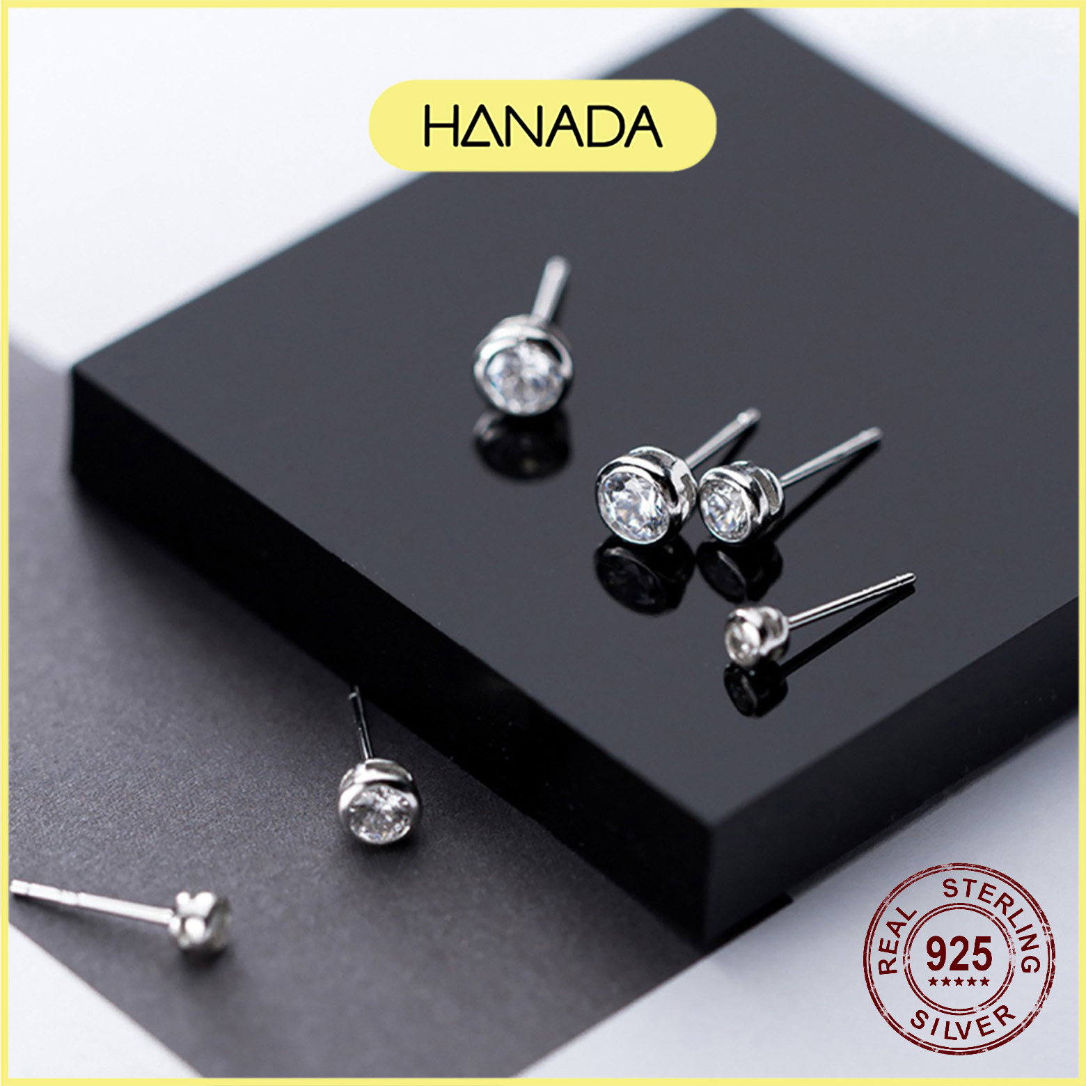 [HCM] Bông Tai Bạc Cao Cấp Hanada Đá Tròn Viền 0404