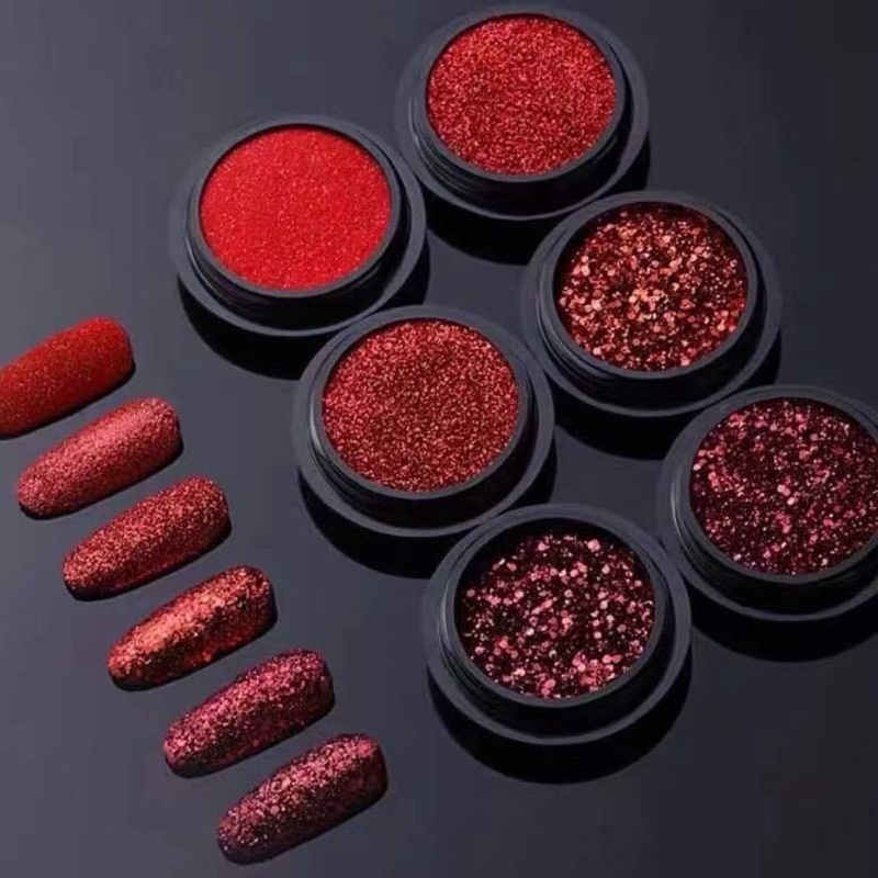 Set nhũ rắc 6 hũ trang trí móng màu đỏ