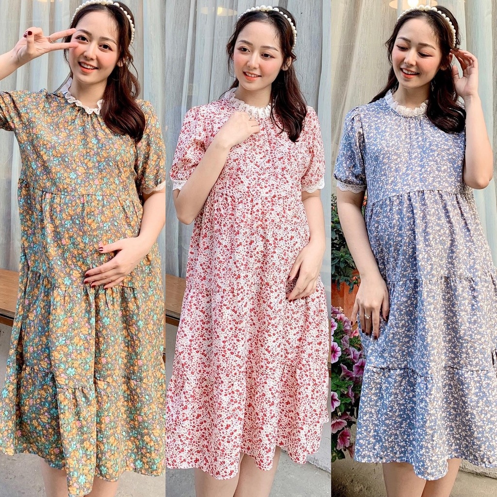 Váy bầu hè cộc tay suông a hoa nhí siêu đẹp - Đầm bầu suông thời trang -free size 43-70kg