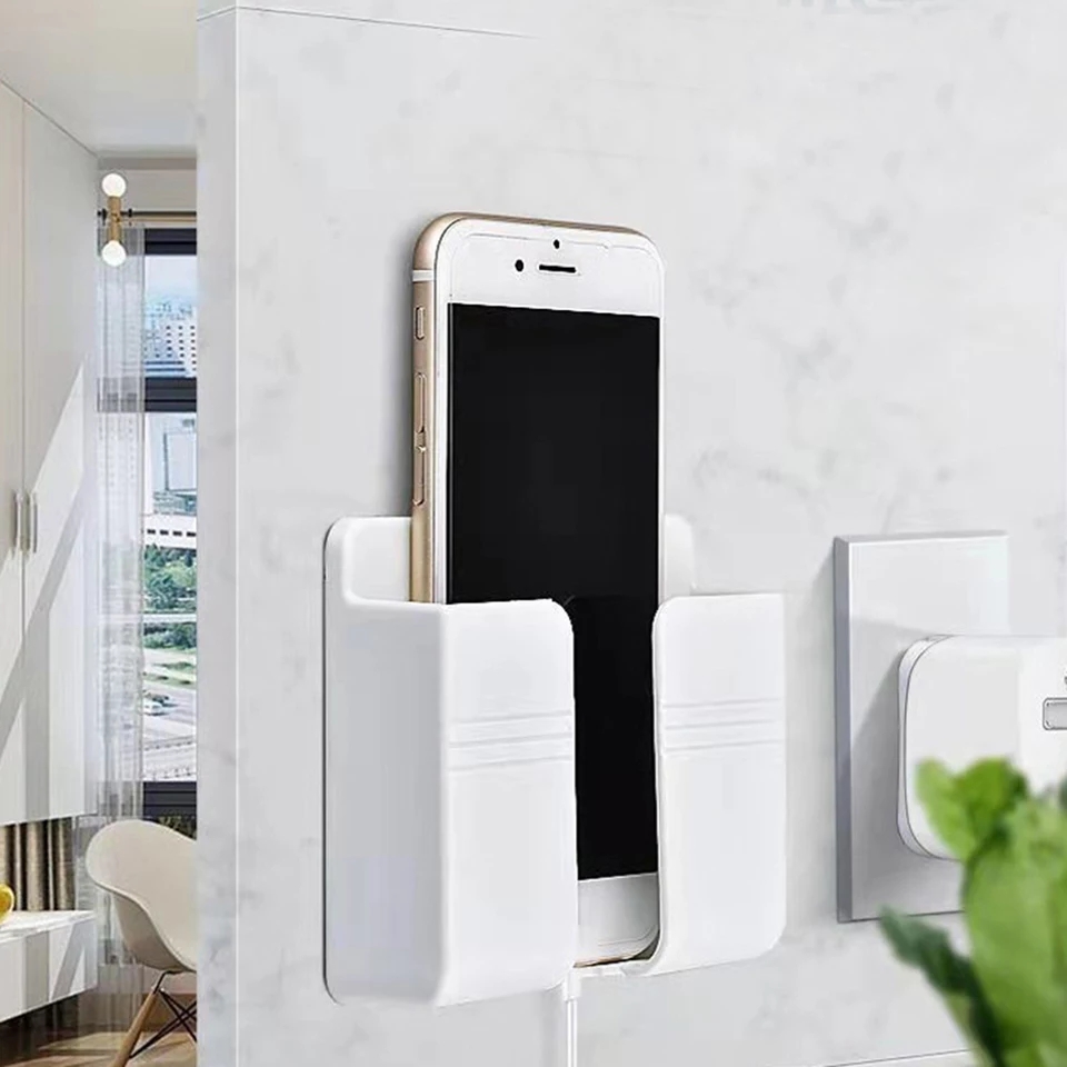 Kệ dán tường để remote, giá đỡ sạc điện thoại - có móc treo giữ dây tiện lợi