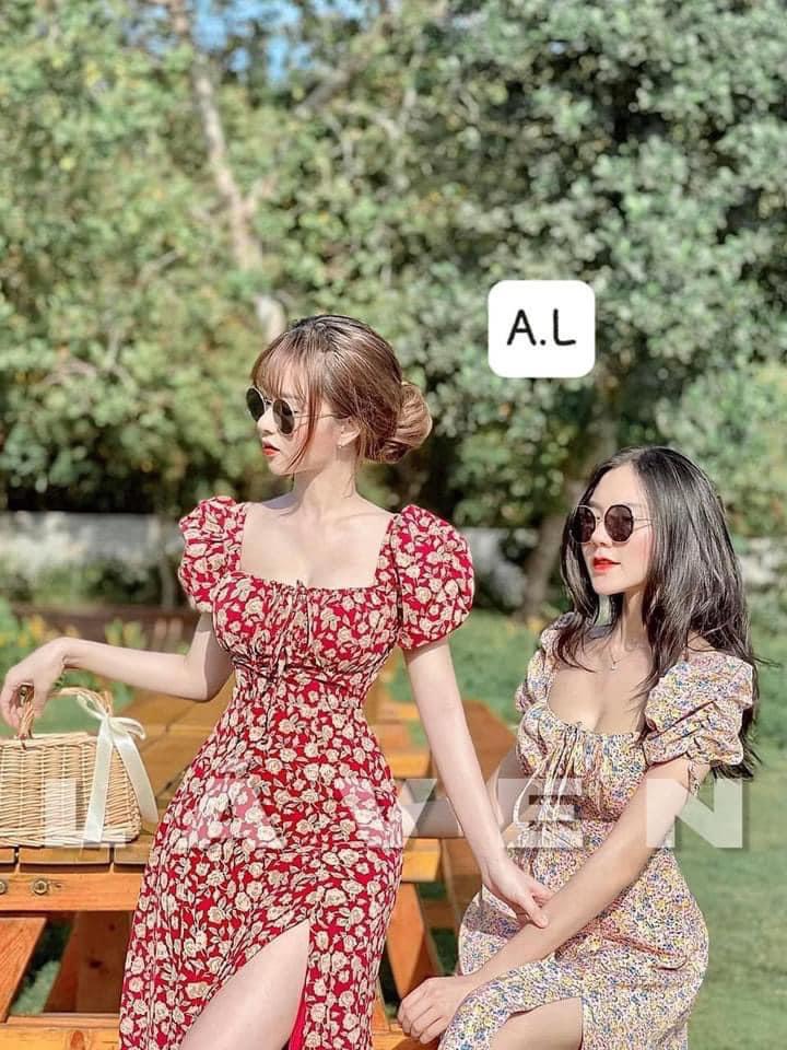 Váy hoa nhí đỏ xẻ tà + video+ ảnh thật