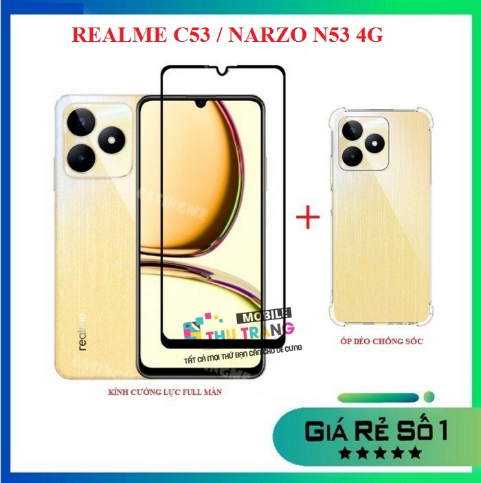 Combo realme c51 c53 / narzo n53 4g realme note 50 kính cường lực full màn full keo + ốp dẻo chống sốc có gờ bảo vệ camera
