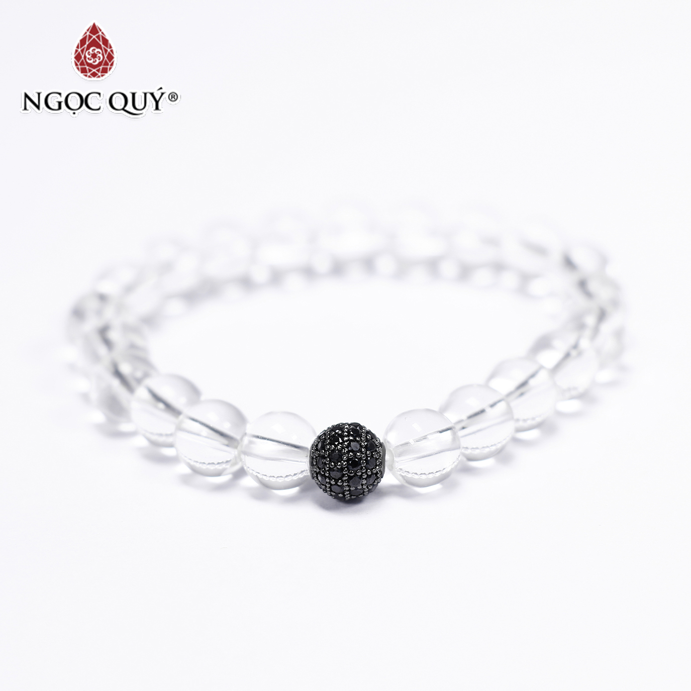 Vòng tay đá thạch anh trắng phối charm hợp kim đen đính đá hạt 8mm mệnh thủy kim - Ngọc Quý Gemstones