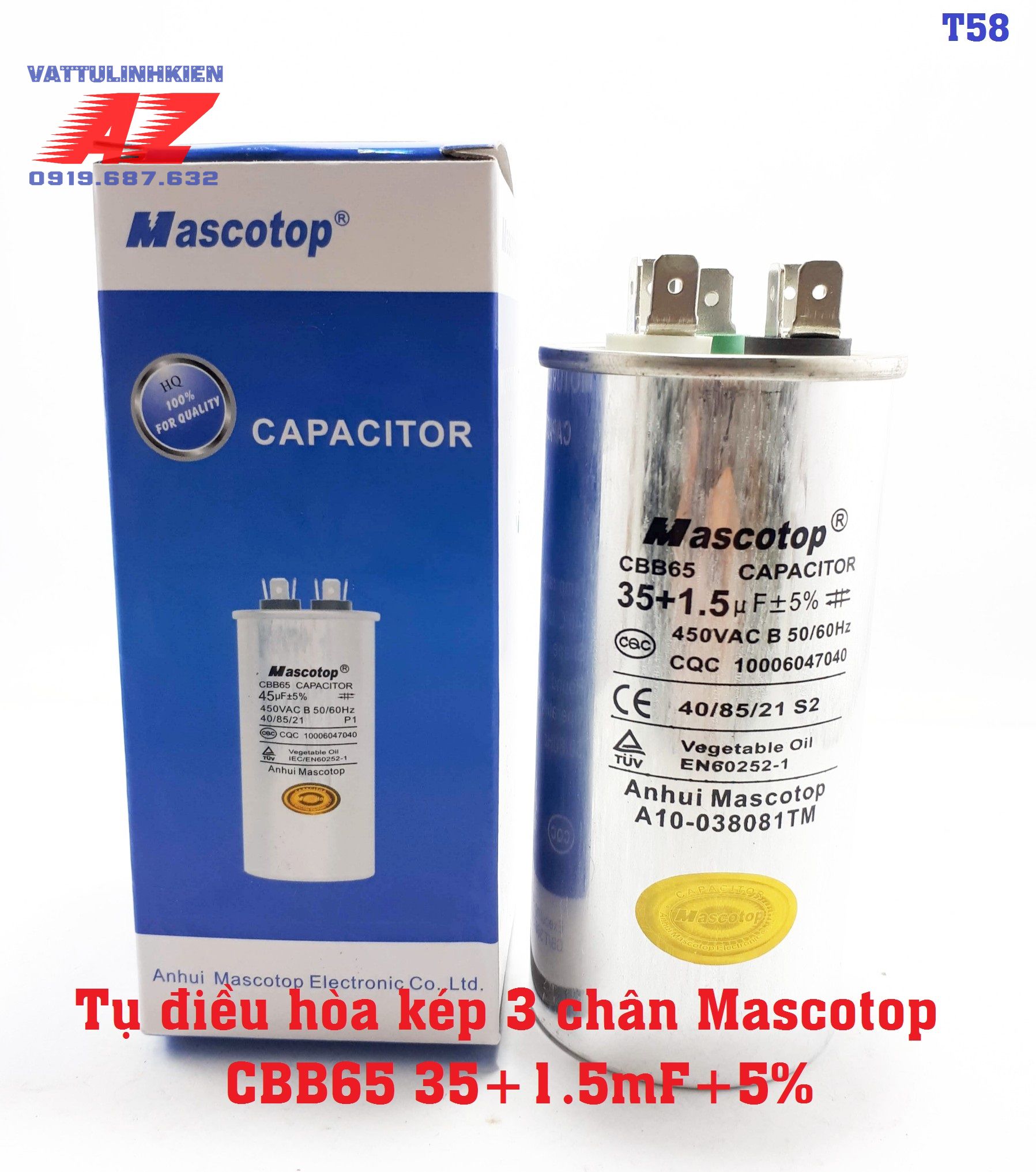 Tụ điện máy điều hòa 3 chân mascotop cbb65 35+1.5mf+5%