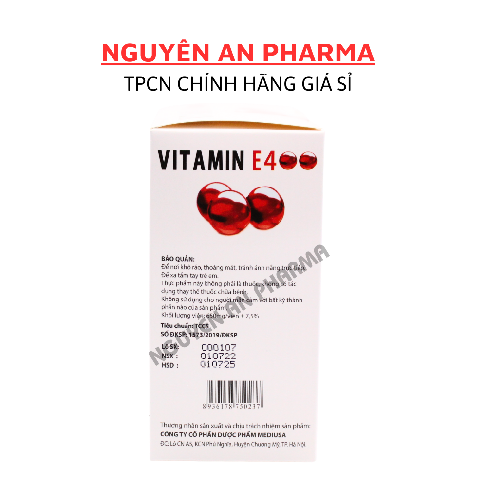 Viên uống vitamin E đỏ hỗ trợ sáng da, mờ thâm VitaminE 400 lô hội trắng da, giảm nhăn nheo - 100 Viên VITAMIN E ĐỎ