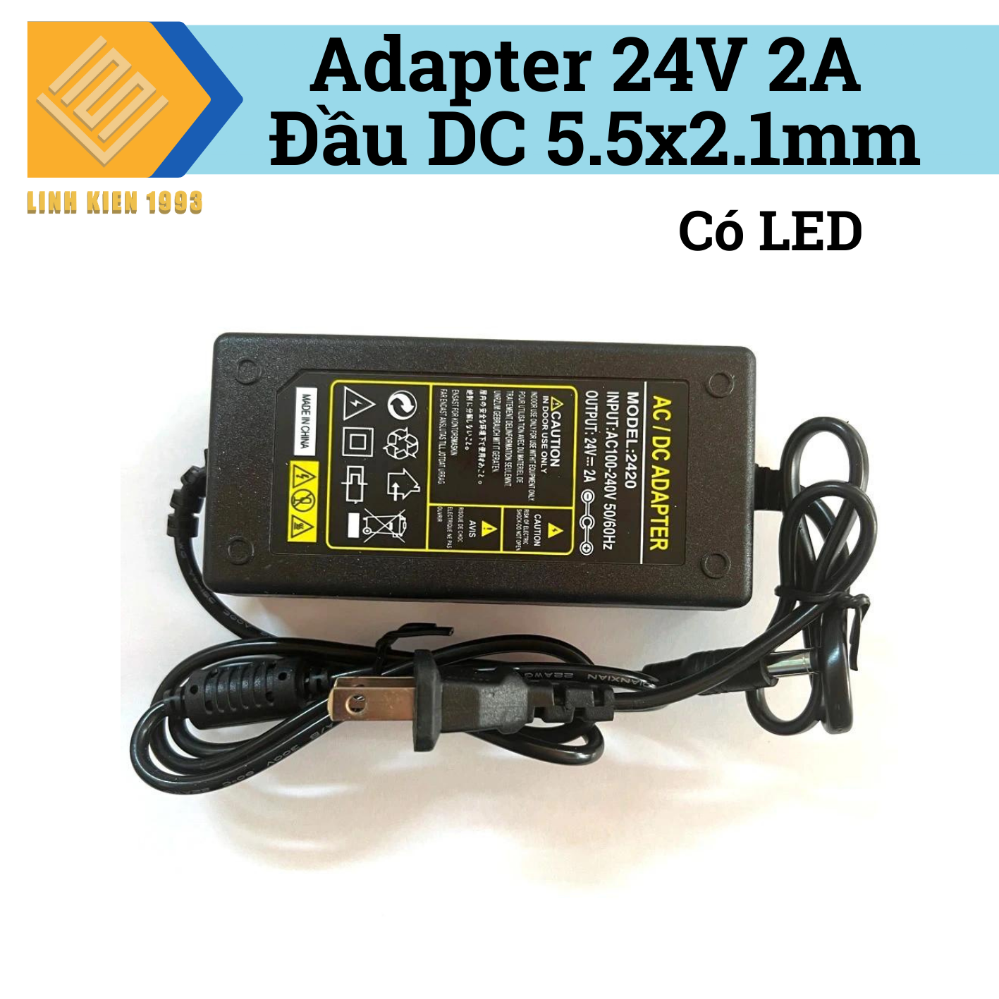 Nguồn Adapter 24V 2A Đầu DC 5.5x2.1mm Có LED