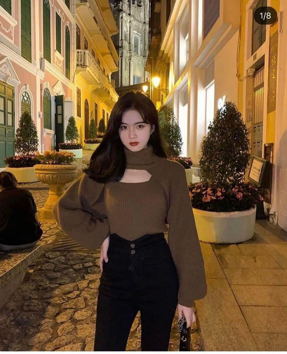Áo croptop thun gân cổ lọ dài tay phối dây đeo cổ kèm khoét ngựccực xinh ttvv0466