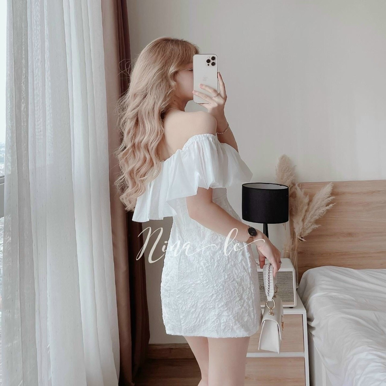 HOÀN TIỀN MAX - Đầm thời trang nữ mặc đi dự tiệc, Đầm trắng chất xốp trễ vai phối voan tơ bèo có lót trong kèm mút ngực váy chữ A suông