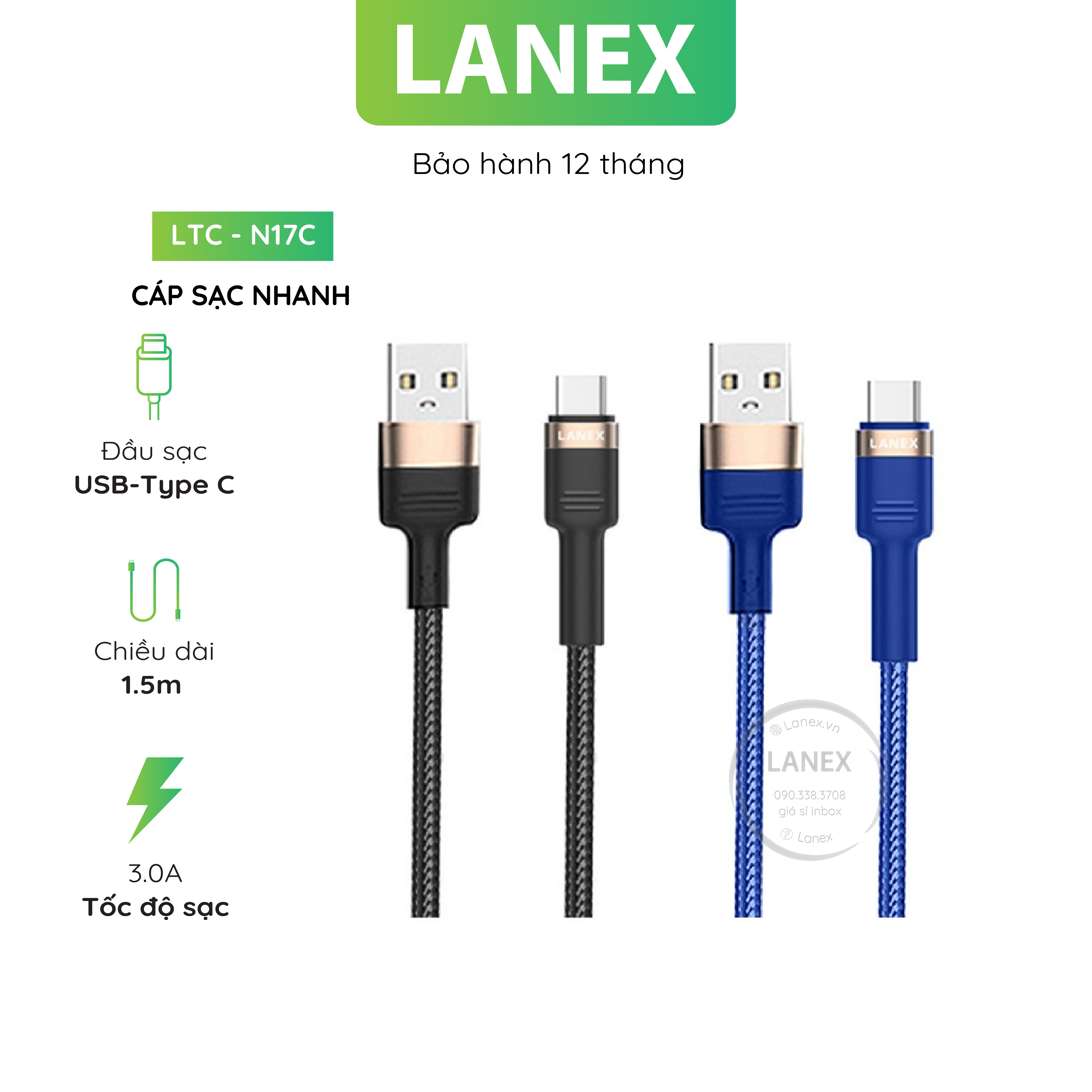 Cáp Sạc Nhanh Lanex Ltc - N17c Dây Dù Type C 3.0a Dài 1.5m