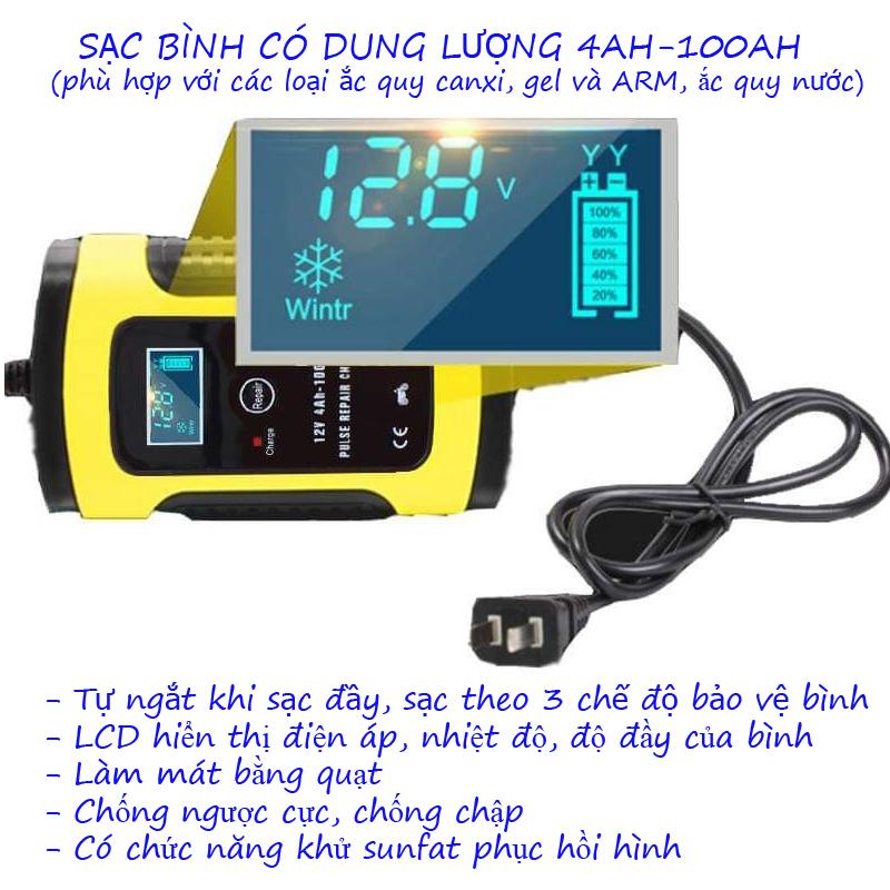 Máy sạc bình ắc quy 12V tự động sạc ắc quy thông minh cho xe hơi và xe máy có dung lượng bình từ 4Ah đến 100Ah.