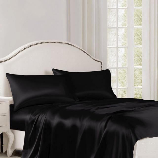 (Loại 1) Bộ Ga Gối Phi Lụa 4 Món Cao Cấp Lan Bedding Màu Đen