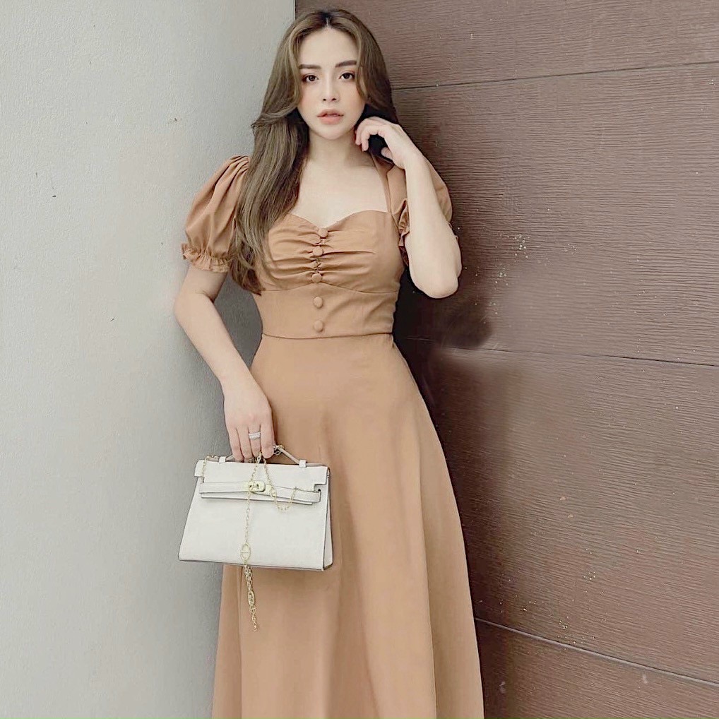 Đầm váy nhúng ngực nút bọc 2 màu