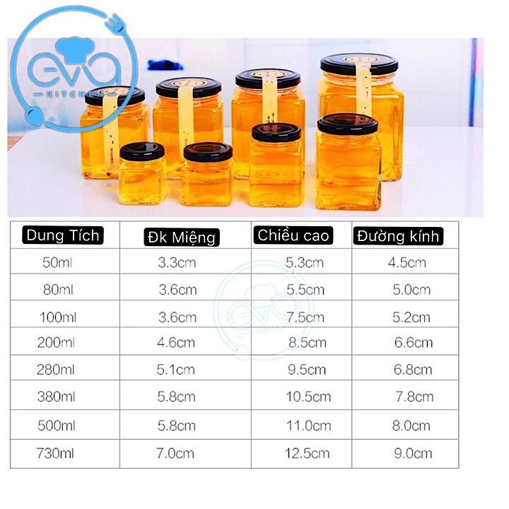 Bộ 6 hũ thủy tinh vuông nắp vặn dung tích 200 ml