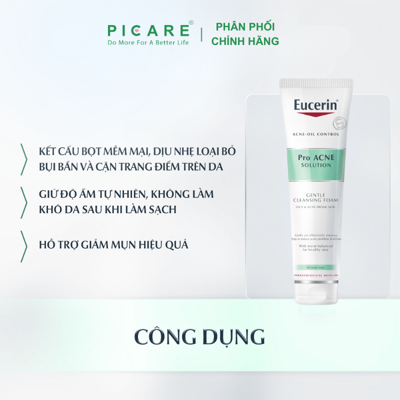 Eucerin Sữa Rửa Mặt Tạo Bọt Cho Da Mụn Pro Acne Solution Gentle Cleansing Foam 150g