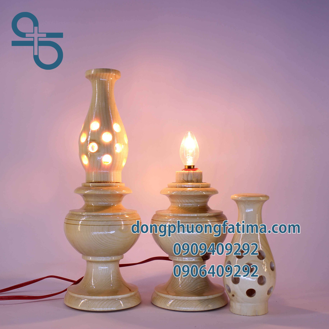 Đèn Bàn Thờ2 Cây Đèn Gỗ Thấp Bàn Thờ 26cm