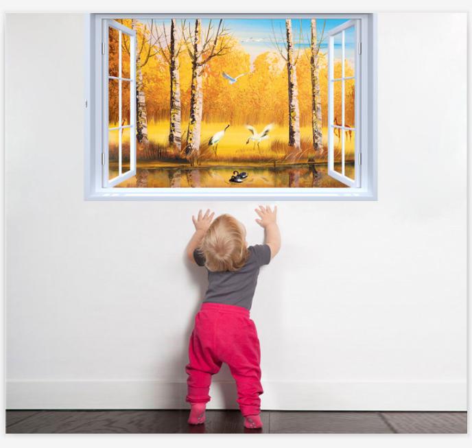 HCM-Decal rang trí tường - Cửa Sổ Rừng Vàng Hạt Trắng