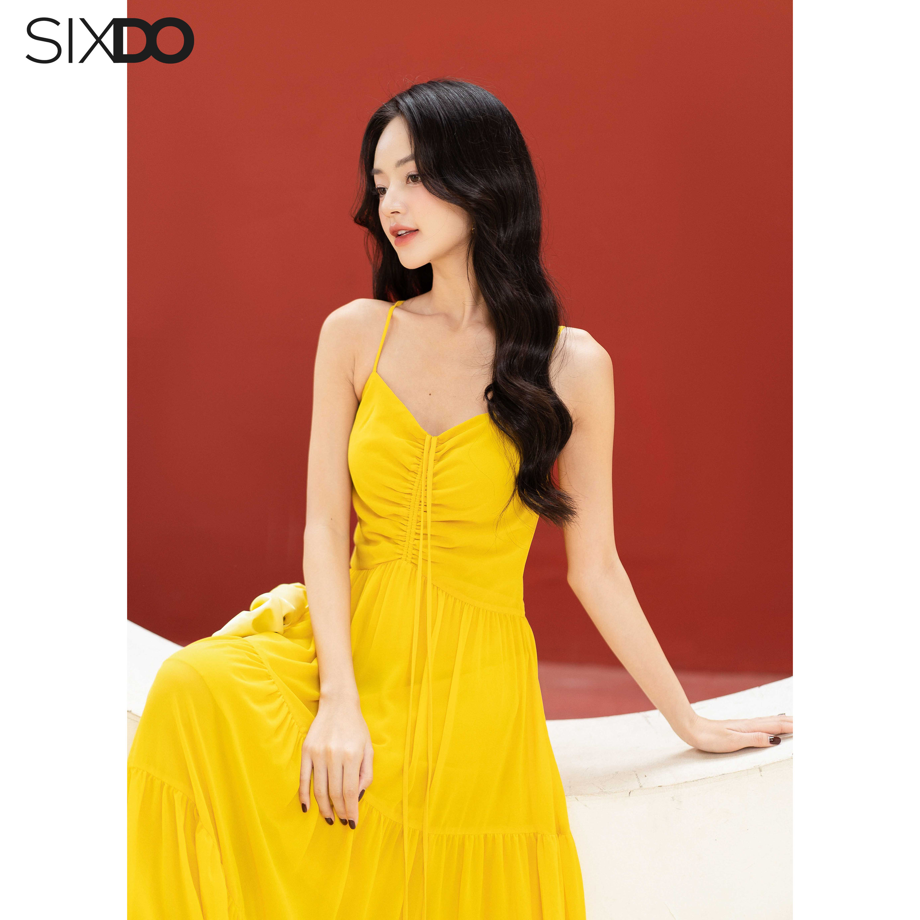 Đầm maxi chiffon hai dây SIXDO (Yellow Chiffon Maxi Dress)