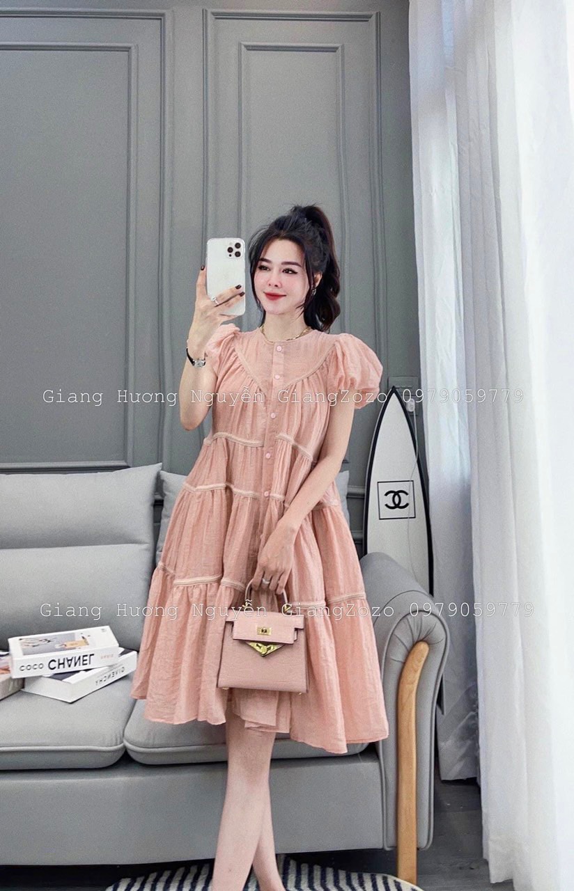 Đầm babydoll tay phồng nữ màu hồng, đầm xoè, đầm cổ tròn, đầm trơn nữ dáng suông bầu bì bon chen được luôn