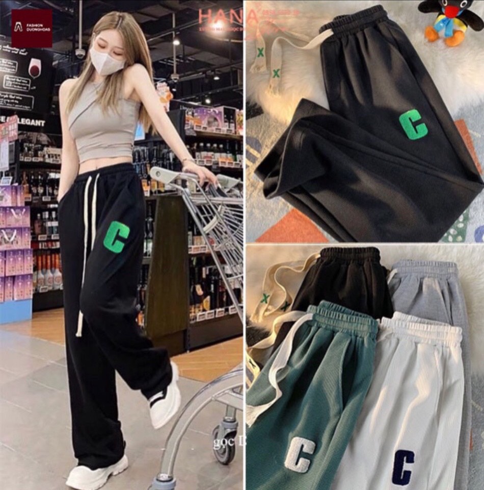 Quần SUÔNG TỔ ONG THÊU CHỮ C có dây rút thật điều chỉnh siêu hot trend freesize 45-60kg
