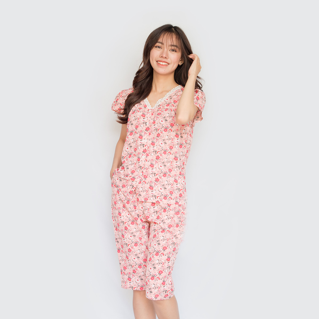 Đồ ngủ nữ lụa lửng cộc tay ren cổ hoa nhí siêu dễ thương