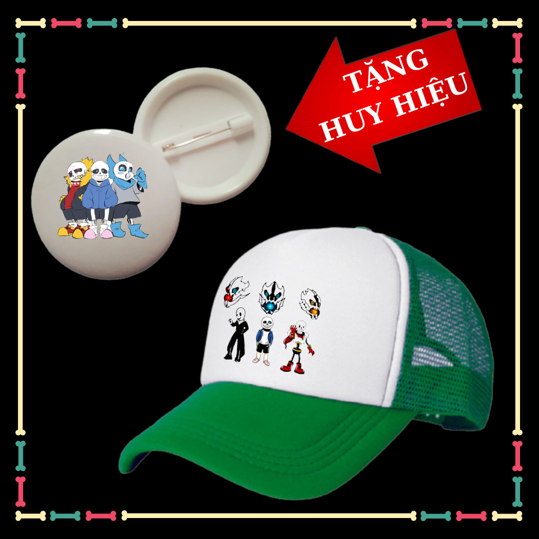 Mũ in hình Sans Family cho bé Trai, bé Gái, Kèm huy hiệu Sans siêu ngầu
