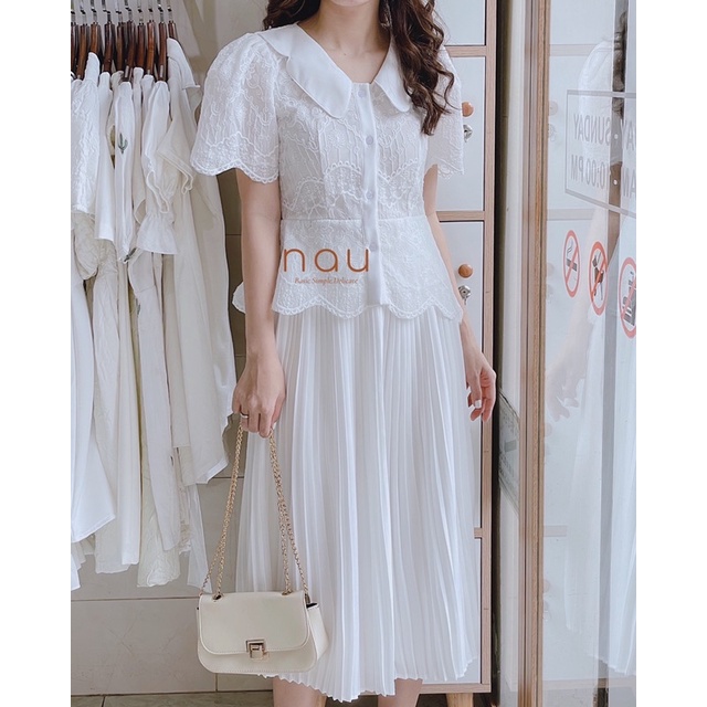 Set trắng áo ren chân váy dập li midi