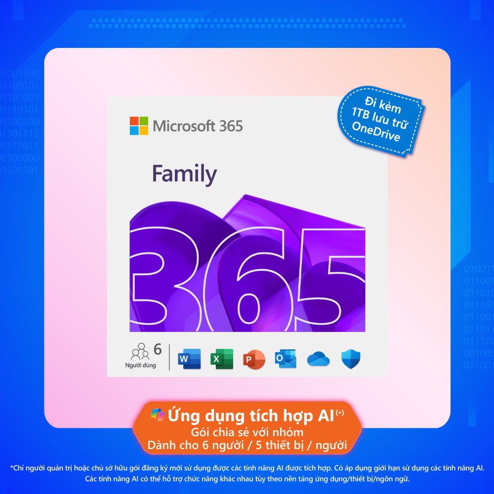 Phần mềm Microsoft Office 365 Family | Tích hợp AI Copilot | 12 tháng | Dành cho 6 người | 5 thiết bị/người | Trọn bộ ứng dụng | 1TB lưu trữ OneDrive