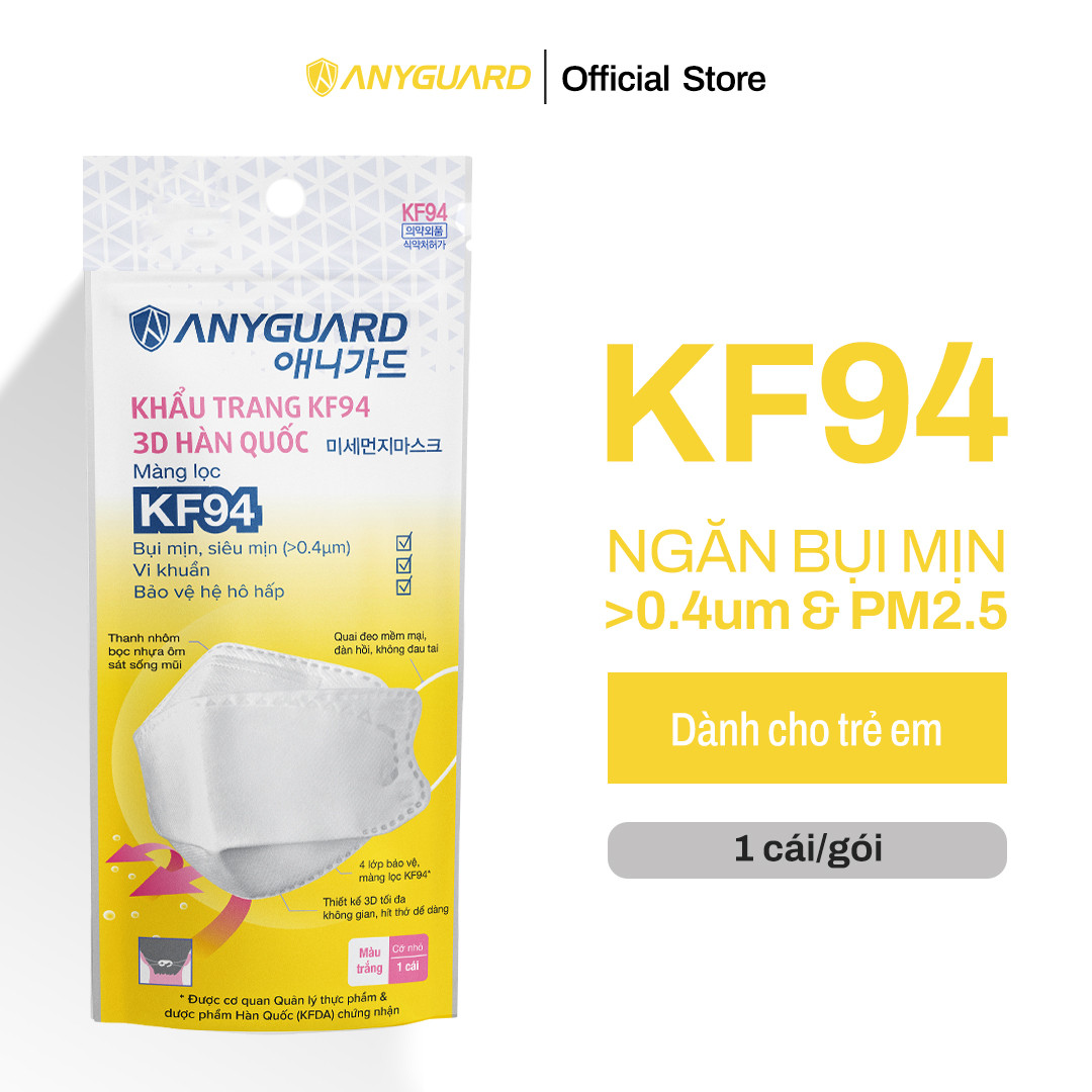 Túi 1 cái Khẩu Trang Trẻ Em ANYGUARD KF94 Form 3D Cao Cấp Chính Hãng Chống