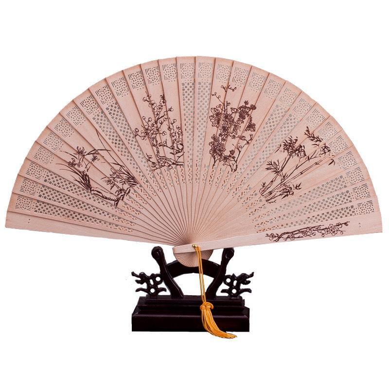 Quạt gỗ thơm cổ trang dây tuyến mai lan cúc trúc quạt cầm tay phong cách Trung Quốc
