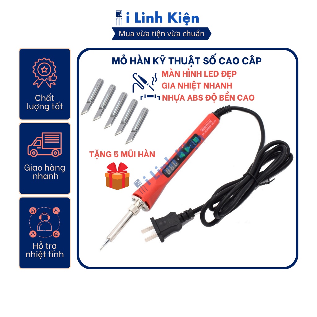 Mỏ hàn thiếc điện tử điều chỉnh nhiệt 80w cao cấp bền bỉ dây mềm tặng 5 mũi hàn.