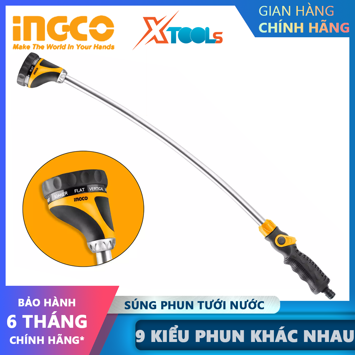 Vòi phun nước INGCO HWW092 | vòi phun tưới nước dài kim loại, có 9 kiểu phun dày, thưa, phẳng, vòi sen tưới vườn, rửa xe, tưới cây
