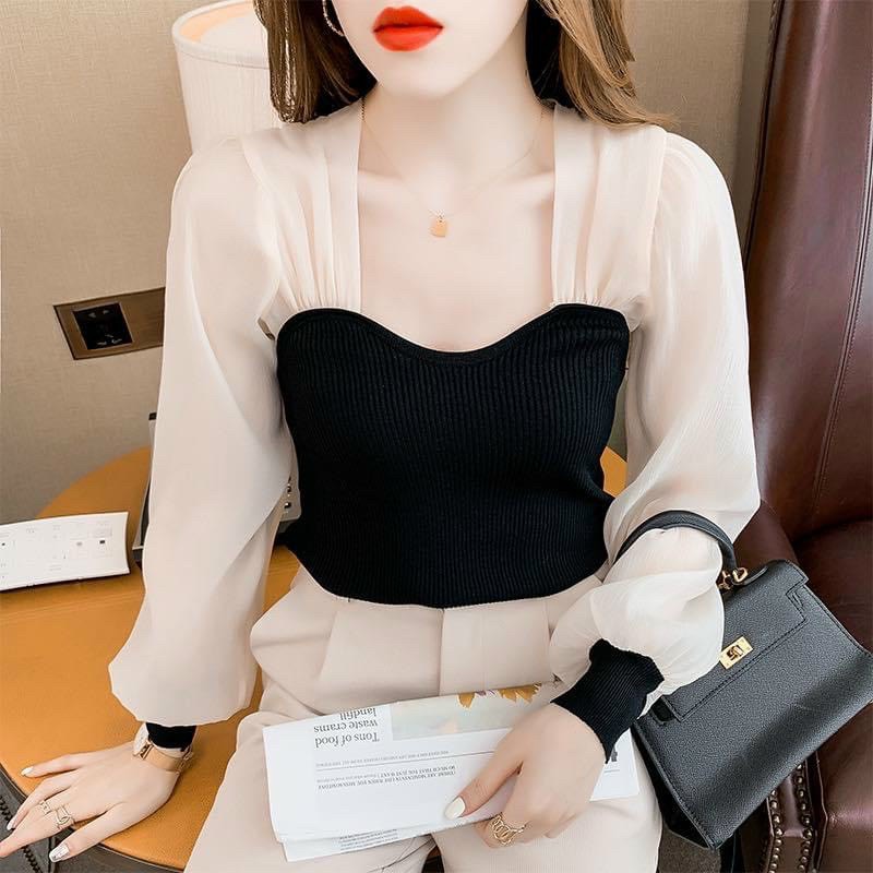 Kèm Video - Dưới 53kg]Áo thun gân cổ vuông phối tay voan bồng dài tiểu thư croptop MC