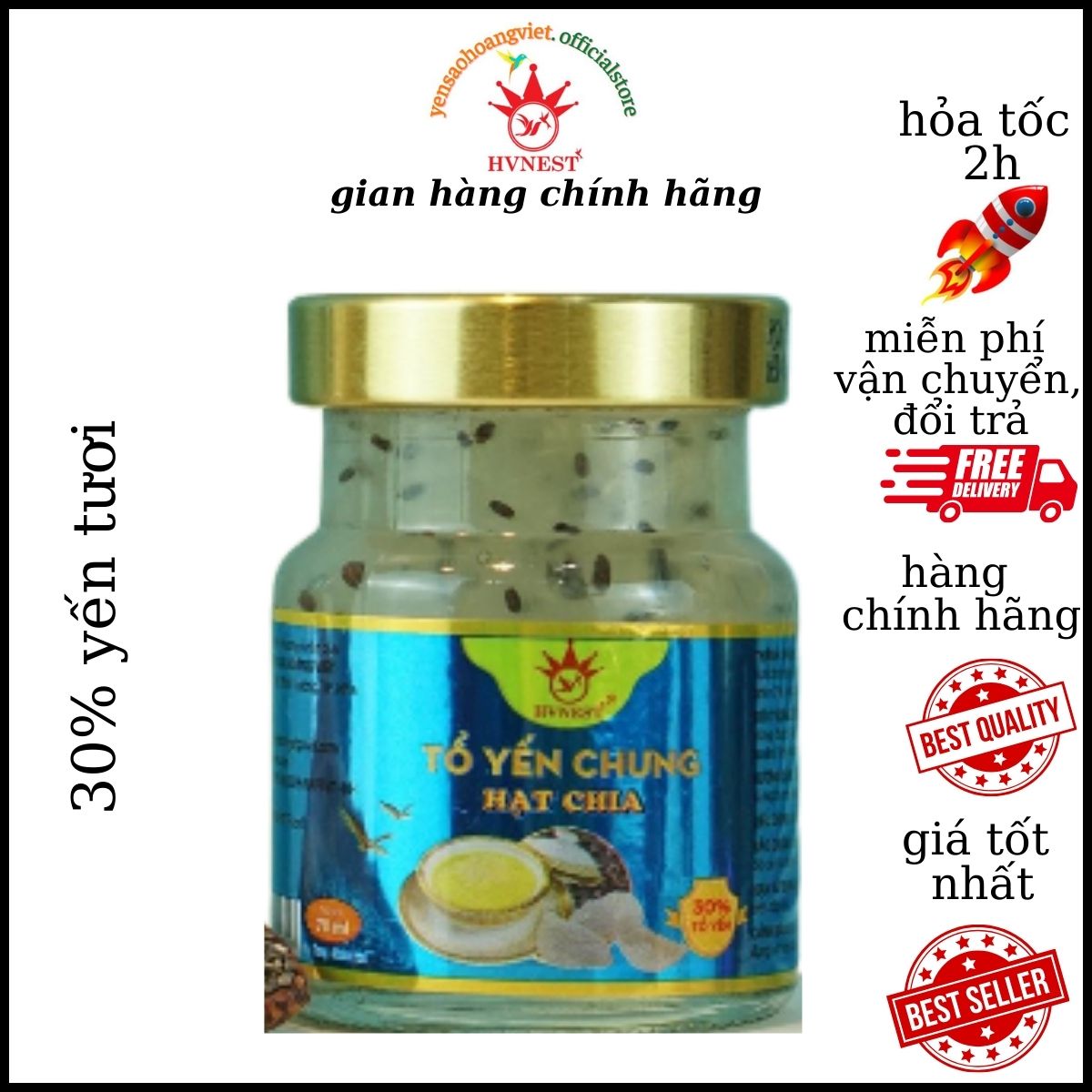Yến sào Hoàng Việt nguyên chất 30% chưng hạt chia, xuất xứ nước yến Khánh Hòa - Nha Trang , là loại yến chưng sẵn 70ml , bồi bổ sức khoẻ
