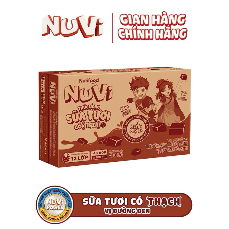 Thùng 48 hộp NuVi Thức Uống Sữa Tươi Tiệt Trùng Vị Đường Đen Có Thạch 110ml /170ml  - AZAGO