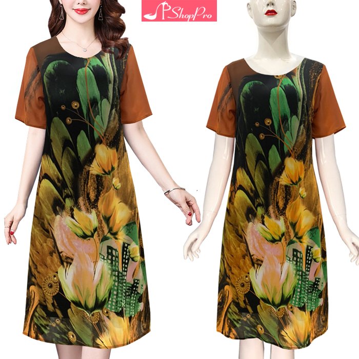 Shoppro-shaped real-dress streetwear middle-aged dress nice middle age dress fanned middle-aged tuôi 40 skirt dress middle age dress for middle age dress suông chiffon print leaf motifs 3095 3280 3303 3309 3244 3220