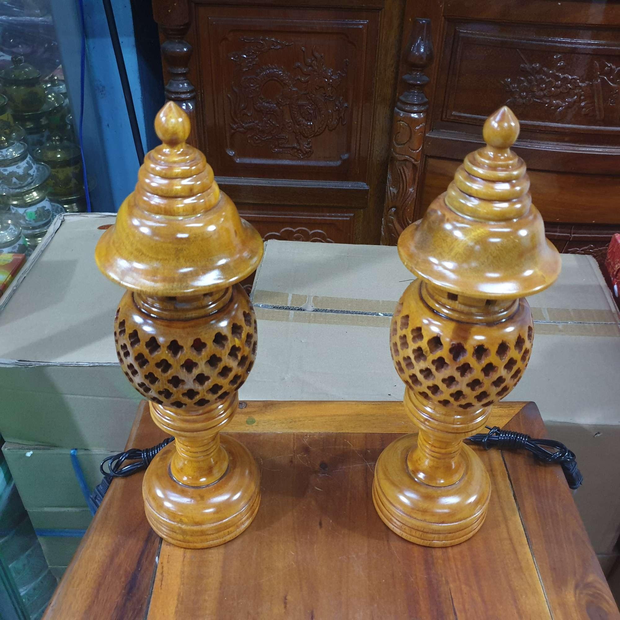 [HCM]Cặp đèn thờ gỗ tràm bông vàng cao 23 cm vàng