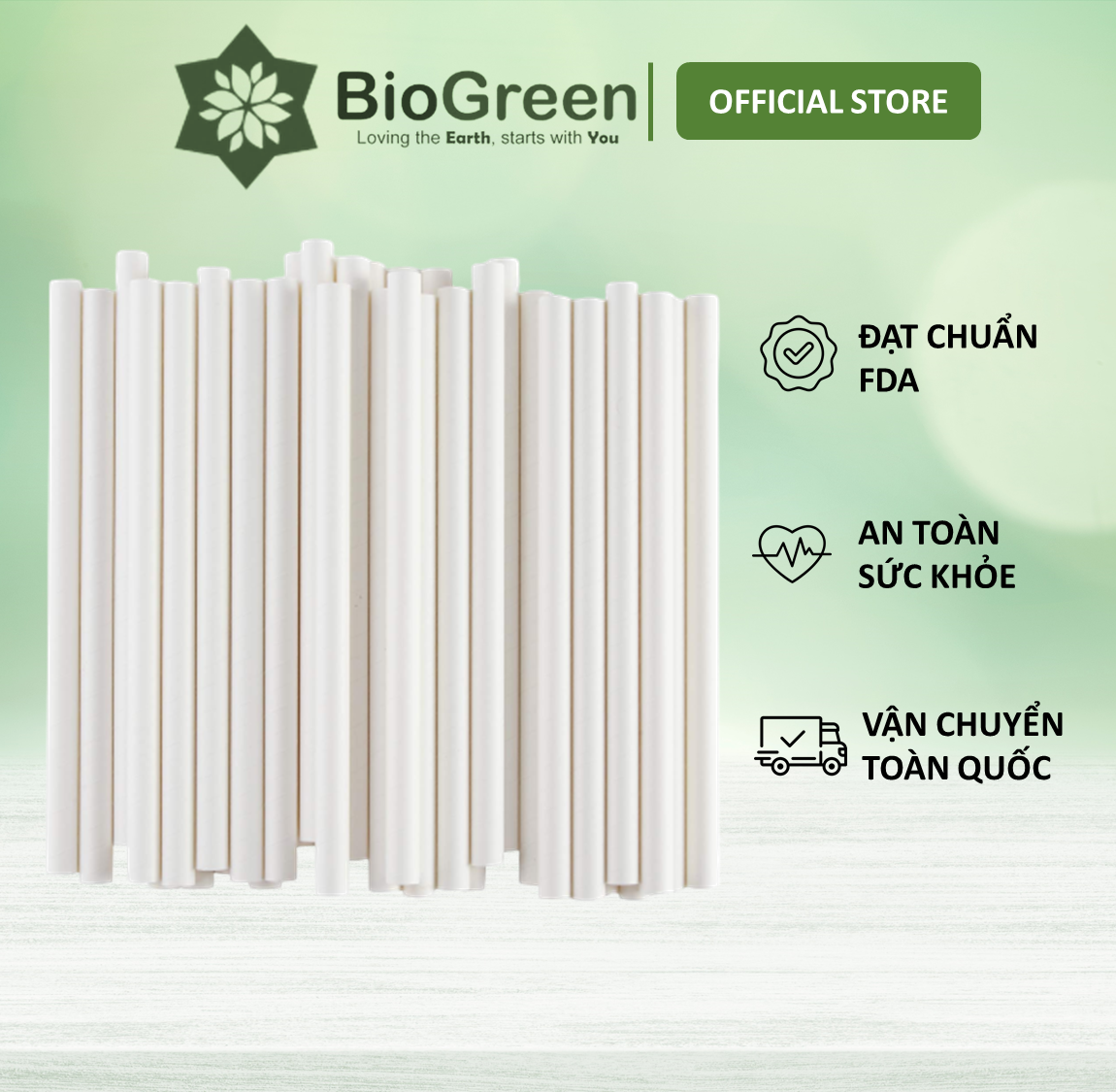 50 Ống Hút Giấy Phi 12 Biogreen 3 lớp kích thước 12 x 197mm