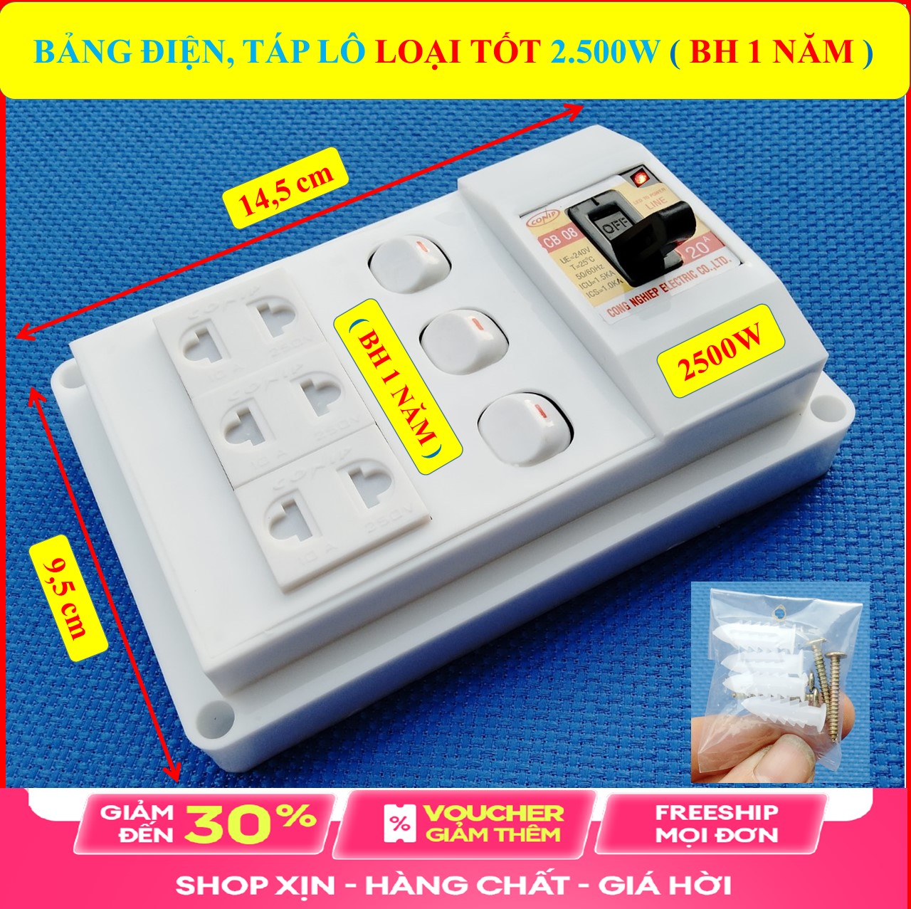 Bảng điện nổi, Táp lô điện 2500W LOẠI TỐT (BH 1 NĂM) + Atomat 20A + 1 Công tắc điện + Đã đi dây điện TO sẵn sàng đầy đủ + Bộ ốc vít lắp đặt (bộ 1 sản phẩm)