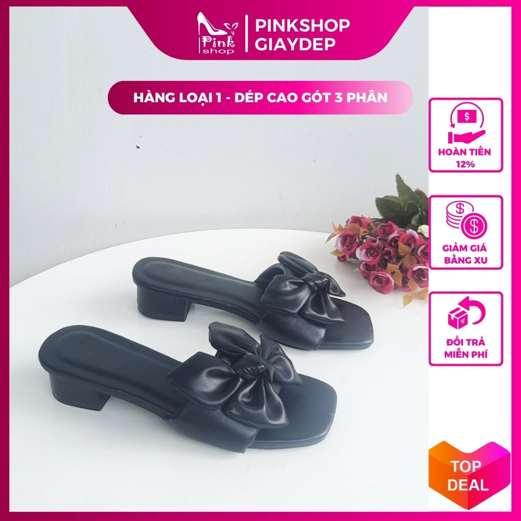 Dép cao gót nữ 3p đế vuông quai ngang phối nơ kiểu đẹp hàn quốc giá rẻ đi tiệc chơi làm đều được có màu đen trắng kem mã G3QNO PinkShopGiayDep