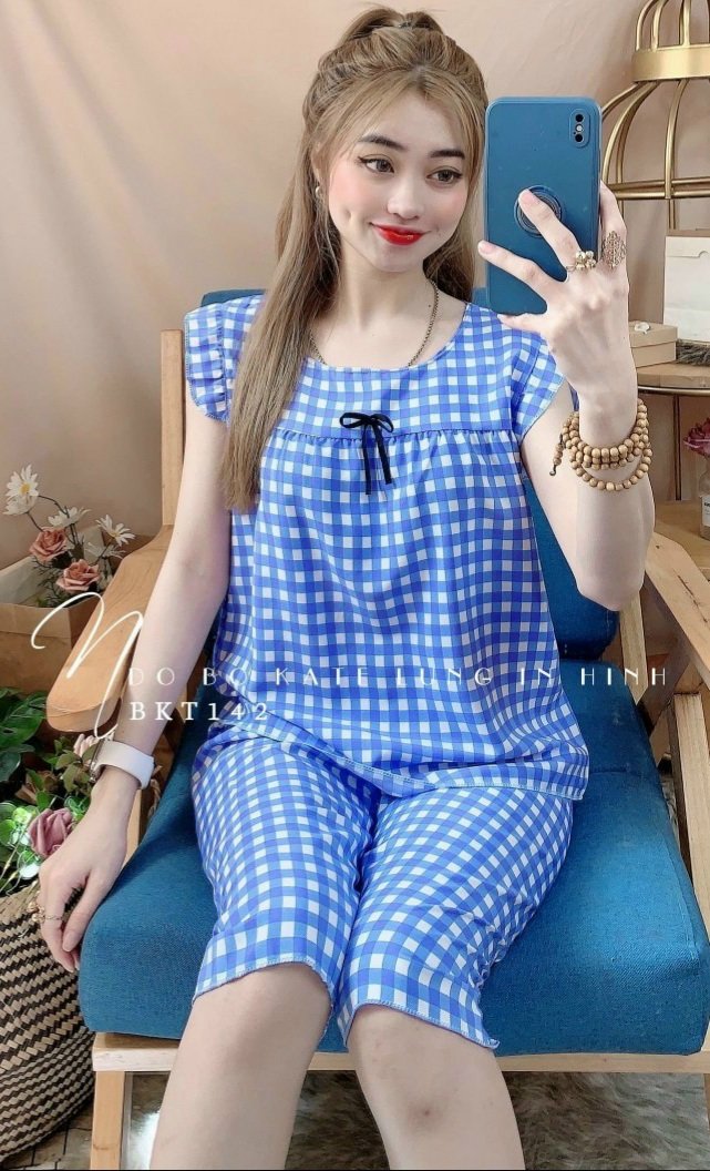 Đồ bộ mặc nhà kate lụa caro dễ thương