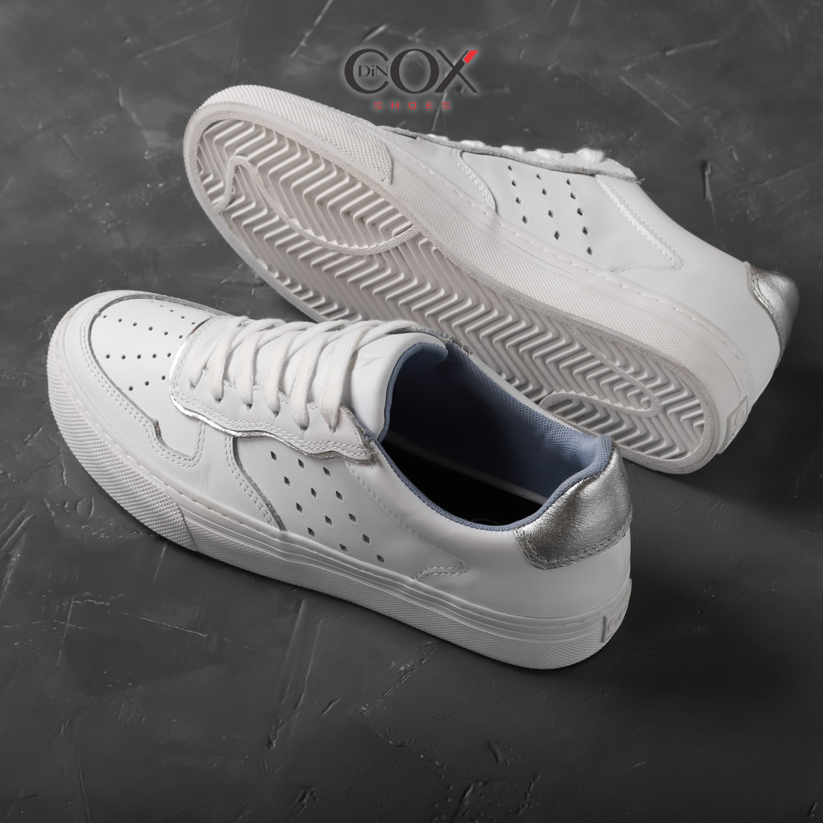 Giày Sneaker Da Bò Thật Nữ DINCOX E03 White Silver Sang Trọng