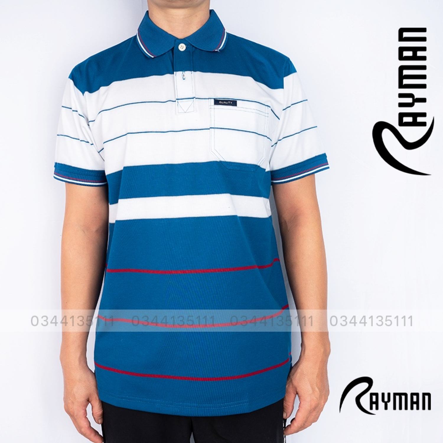 Áo thun trυng niên sọc ngang có cổ có túi rayman áo phông cotton màu xanh coban, xanh rêu, kem
