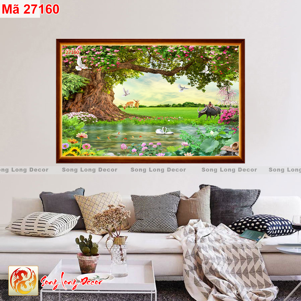 [THANH LÝ SẢ KHO] Tranh dán tường 3d - Tranh Sơn Thủy - Tranh 3D Sơn Thủy Hữu Tình - Giấy dán tường 3d - Song Long Decor 27160