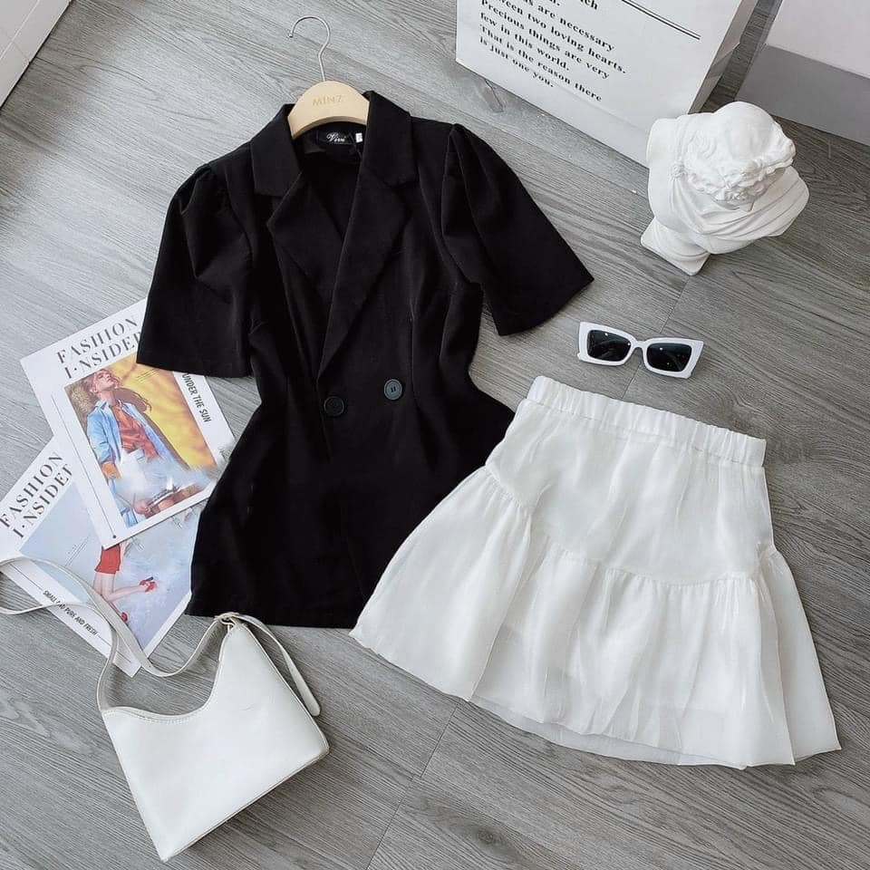 set áo vest xẻ mix chân váy