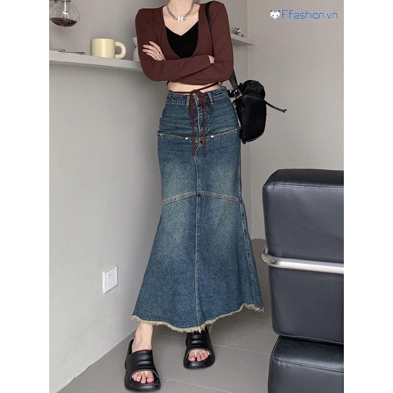 Chân váy jeans maxi đuôi cá dáng dài cv6857