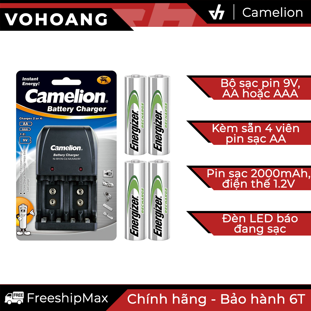 Bộ sạc Camelion 0904 kèm 4 pin Energizer 2000mAh TRAY