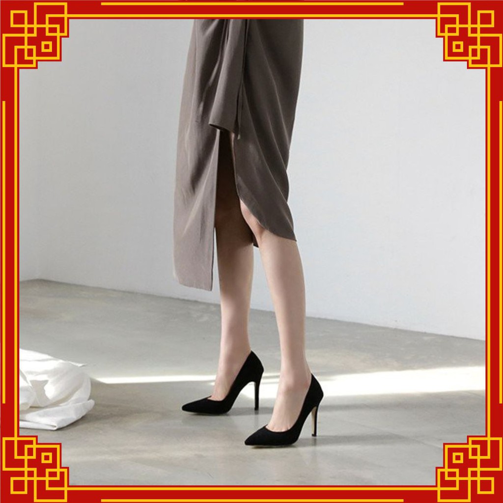Giày cao gót da lộn màu đen và kem cao 7cm mã SHC44