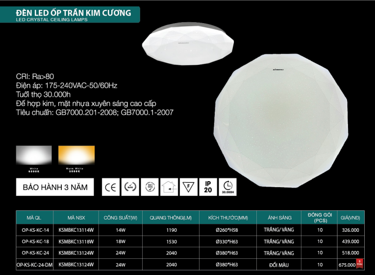 đèn led ốp trần kim cương 14W, 18W Kosoom