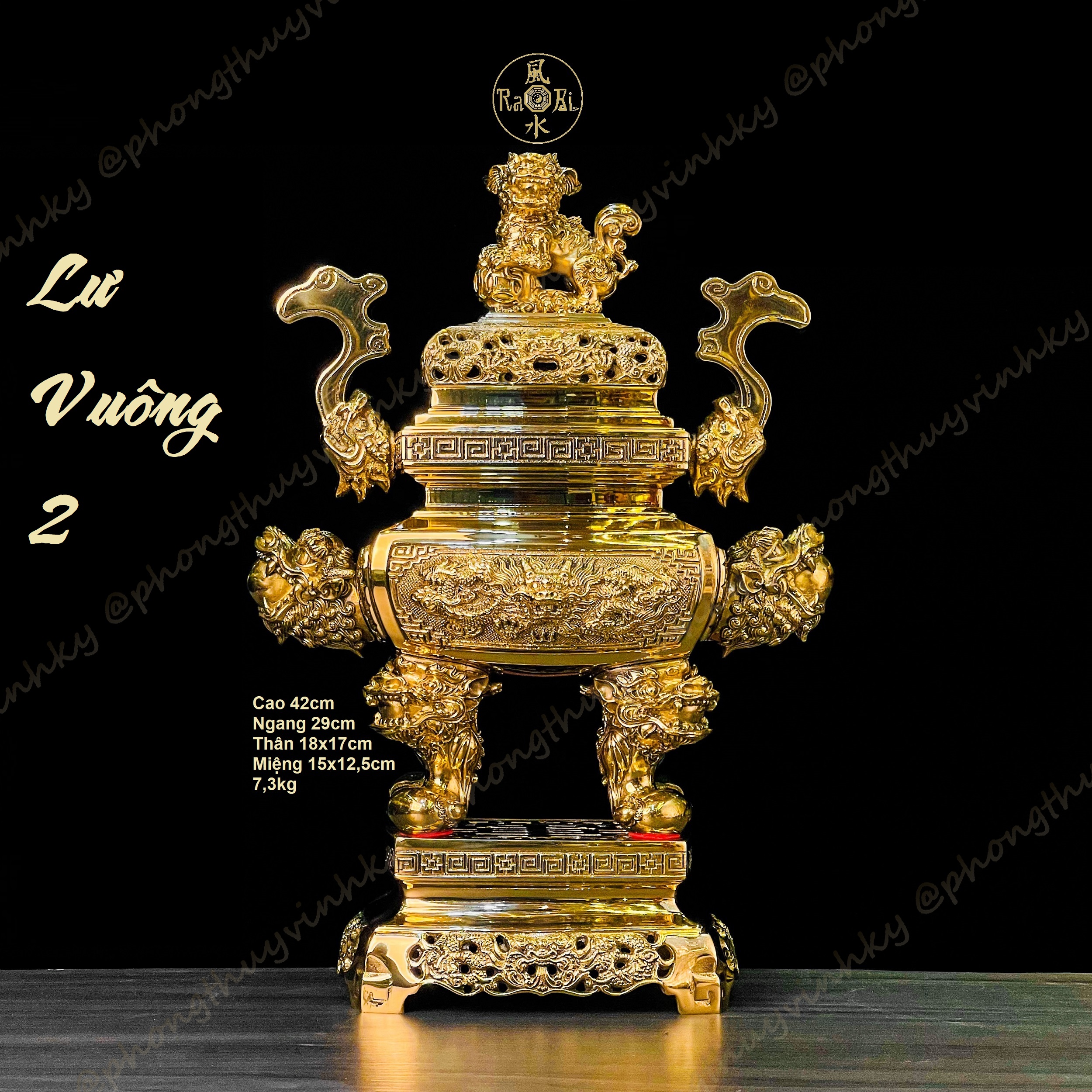 Lư Vuông Gia Tiên Lân Nghê 42cm - Vật Phẩm Đồng Thờ Cúng Vĩnh Tiến Chất Lượng Cao