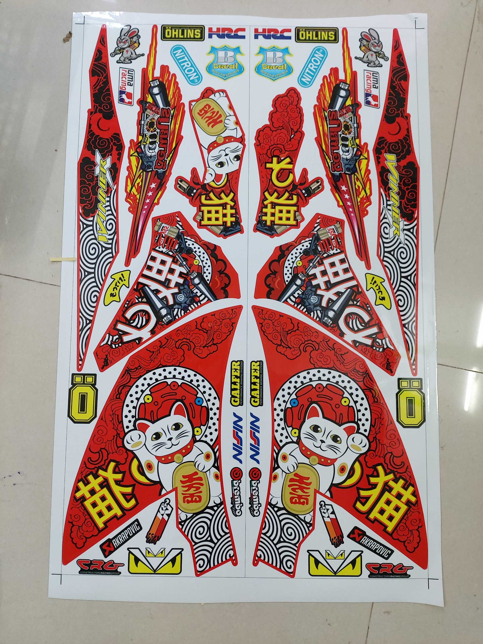 Tem xe winner x mèo thần tài dán xe đỏ